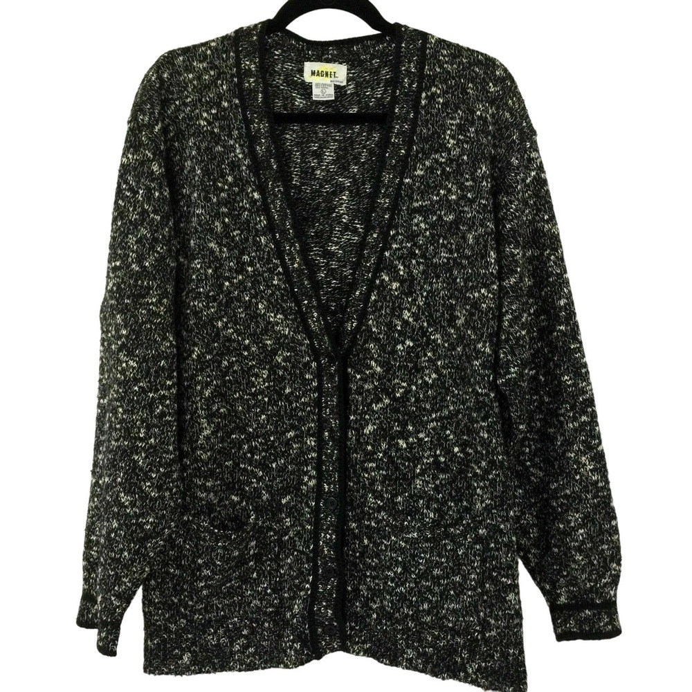 Melange Knit Wool Blend Cardigan Sweater Size L Black White Pockets Magnet